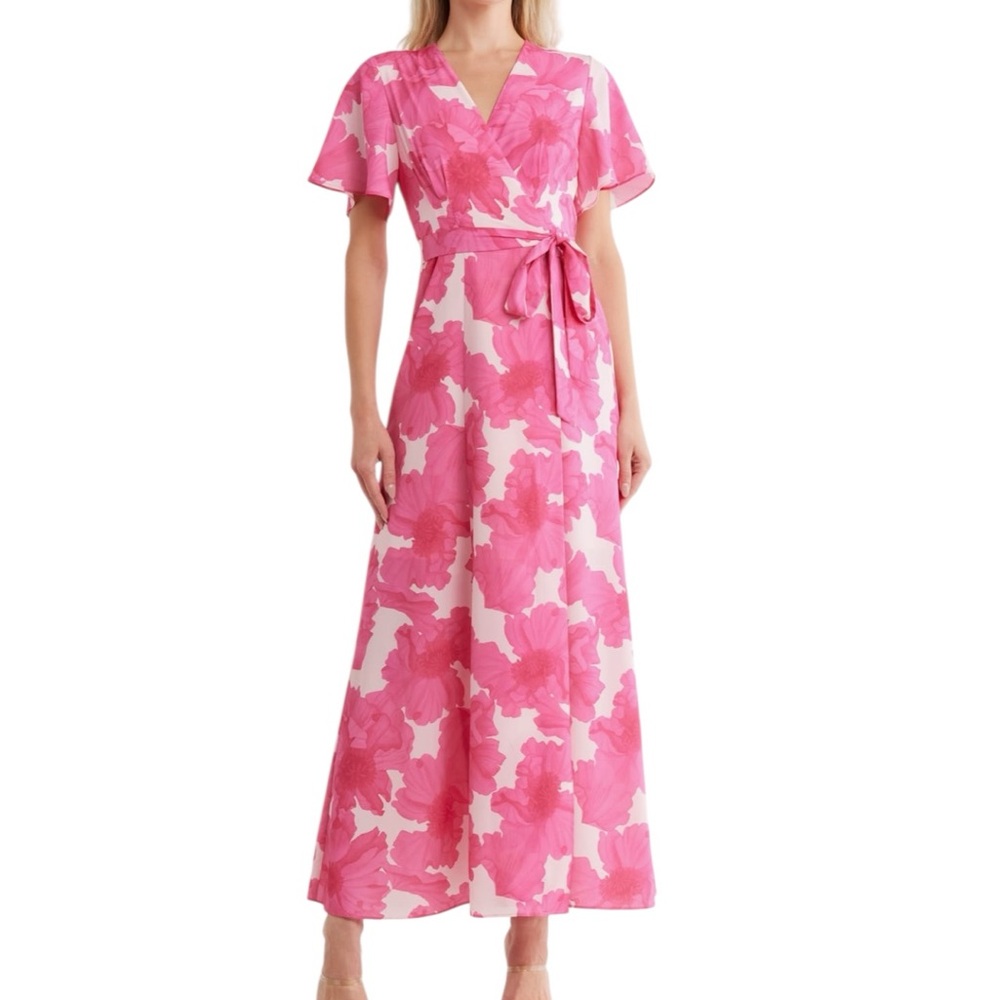 HUTCH Pink Floral Wrap Maxi Dress Flutter Sleeve Women’s Small NWT - Picture 3 of 4